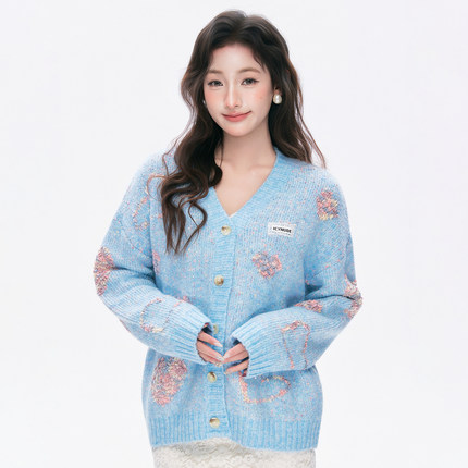 ICYNUDE官方店蓝色爱心针织开衫甜美减龄百搭休闲上衣女秋冬新款