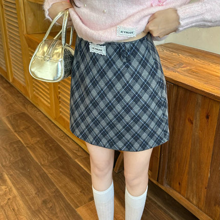 ICYNUDE官方店蓝黑格纹呢子半身裙高腰A字短裙女显瘦百搭裙子新款