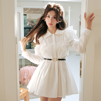 ICYNUDE官方店白色木耳边衬衫裙气质连衣裙女高级感春夏新款