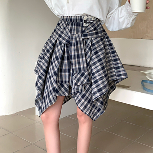 黄灿灿同款ISTYNI蓝白格子绑带半身裙设计感小众时尚百搭短裙女