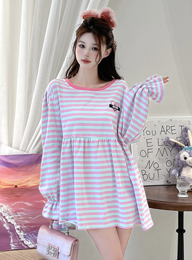 ISTYNI官方店甜美拼色条纹T恤裙宽松慵懒风连衣裙女秋季新款
