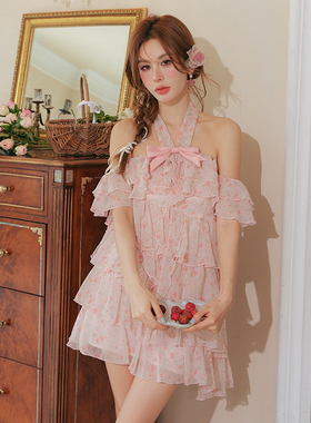 ICYNUDE官方店碎花雪纺蛋糕裙时尚挂脖气质连衣裙女夏季新款