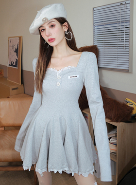 许杨玉琢刘些宁同款ICYNUDE方领灰色收腰针织连衣裙气质短裙女春