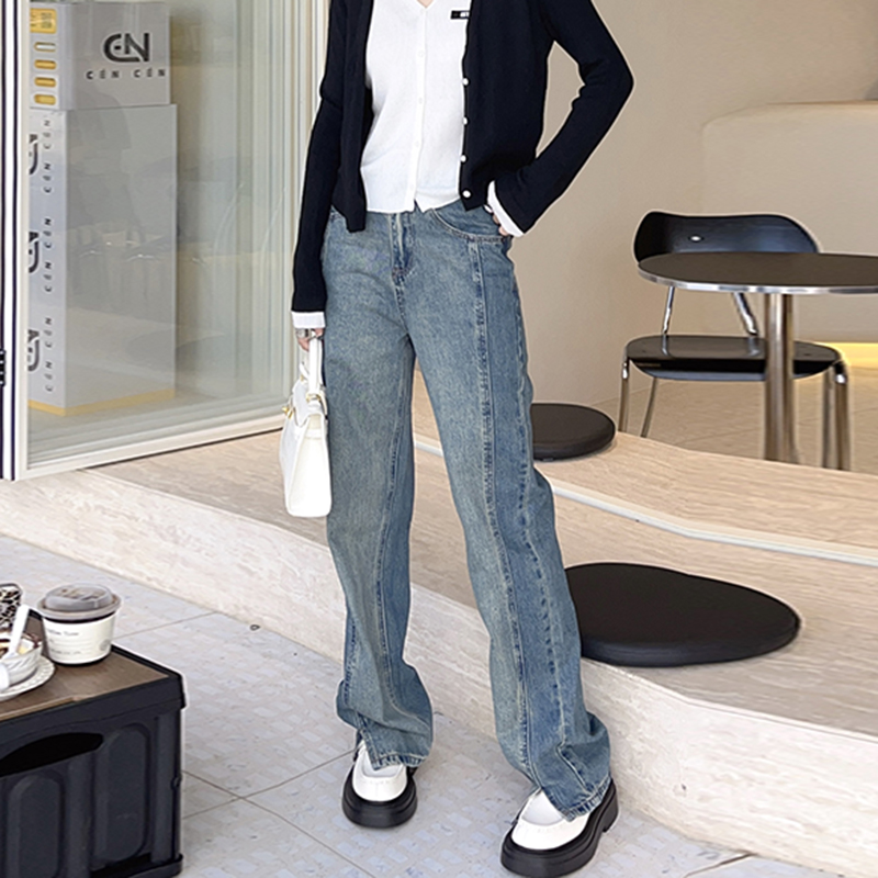 水洗拼色牛仔裤设计感长裤