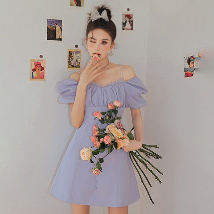 ICYNUDE官方店吊带泡泡袖连衣裙女一字领裙子夏季甜美收腰a字裙