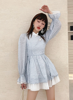ICYNUDE官方店蓝色格子旗袍短裙早秋新中式盘扣连衣裙短裙娃娃裙