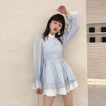 ICYNUDE官方店蓝色格子旗袍短裙早秋新中式盘扣连衣裙短裙娃娃裙