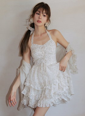 ICYNUDE官方店碎花挂脖茶歇连衣裙田园风甜美气质裙子夏新款