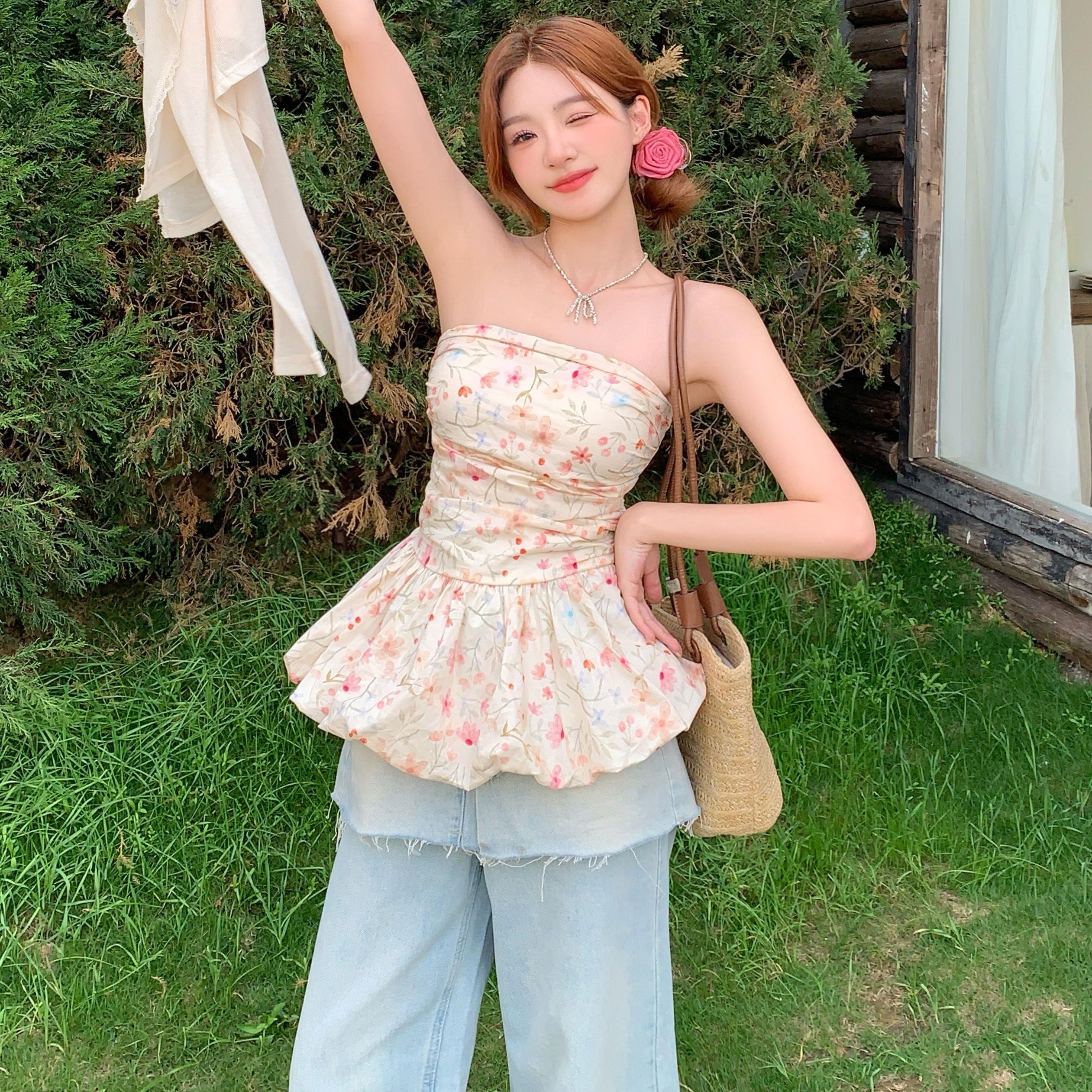 碎花打揽抹胸上衣性感