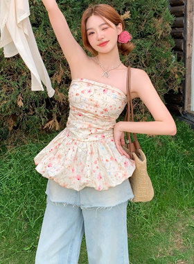 洪一诺同款ICYNUDE 碎花打揽抹胸上衣修身显瘦纯欲风甜美小衫女夏