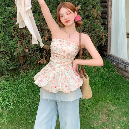 洪一诺同款ICYNUDE 碎花打揽抹胸上衣修身显瘦纯欲风甜美小衫女夏