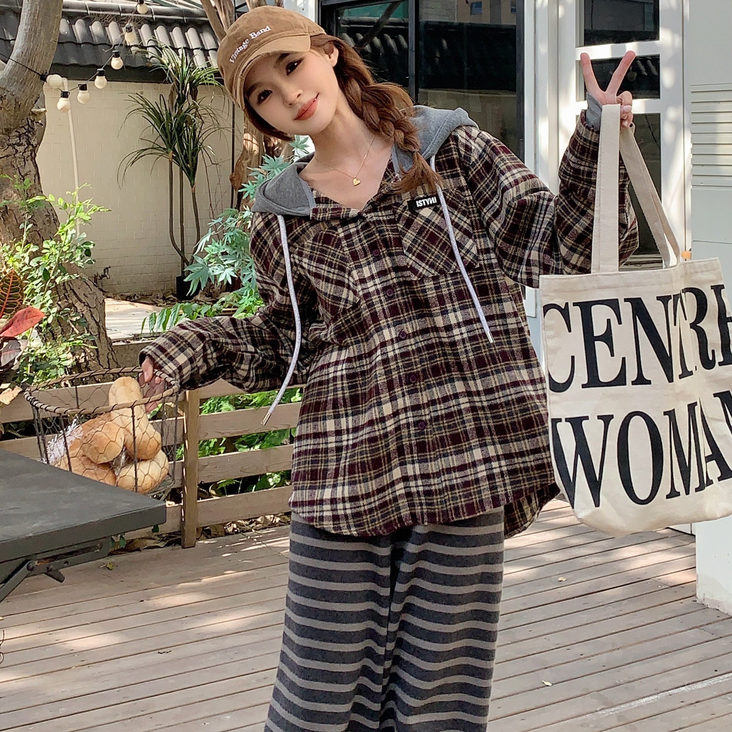 ISTYNI官方店咖灰格子连帽磨毛衬衣设计感格子衬衫外套女早春新款,女装/女士精品,衬衫,淘宝优惠券,粉丝福利购,淘宝优惠卷