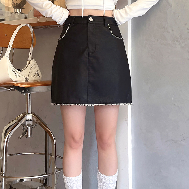 ISTYNI官方店毛边拼接皮裙半身裙高腰显瘦a字短裙女百搭春秋新款