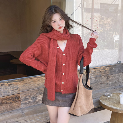 ISTYNI官方店红色围巾针织开衫气质外套上衣女秋冬新款