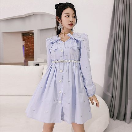 ISTYNI蝴蝶结钉钻高腰宽松衬衫裙夏季女装