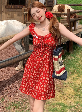 ICYNUDE官方店红色碎花雪纺裙甜美减龄法式气质无袖连衣裙女新款