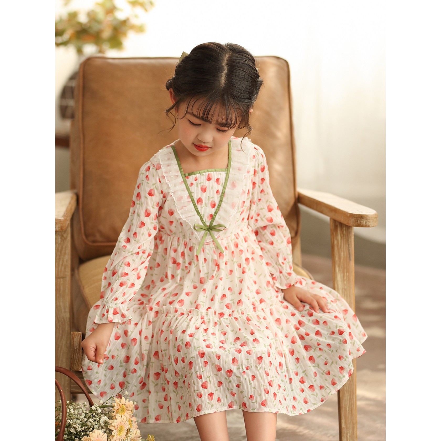 女童雪纺连衣裙2025秋季童装中大童新款蕾丝边公主裙儿童小碎花裙