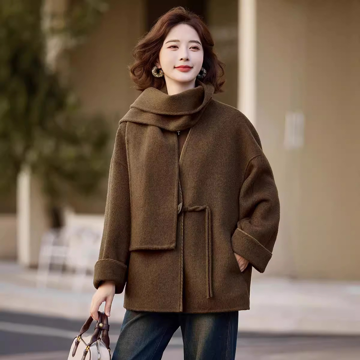 她之蝶京东官方素言官网女装正品时尚双面羊毛大衣女送围脖