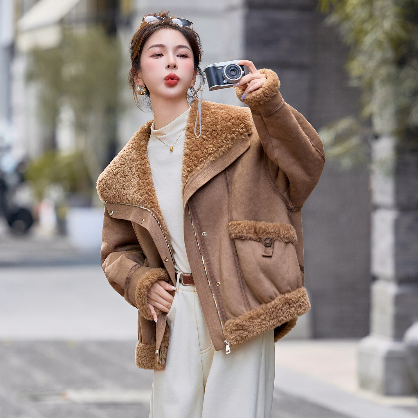 品牌苏昔然彩女装2025新款大码休闲保暖皮毛一体夹克外套