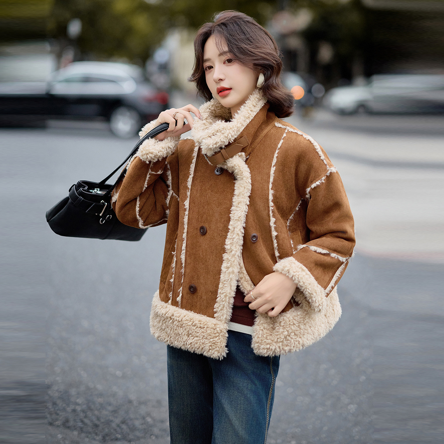 她之蝶京东官方素言官网女装正品皮毛一体羊羔毛短款加厚机车上衣