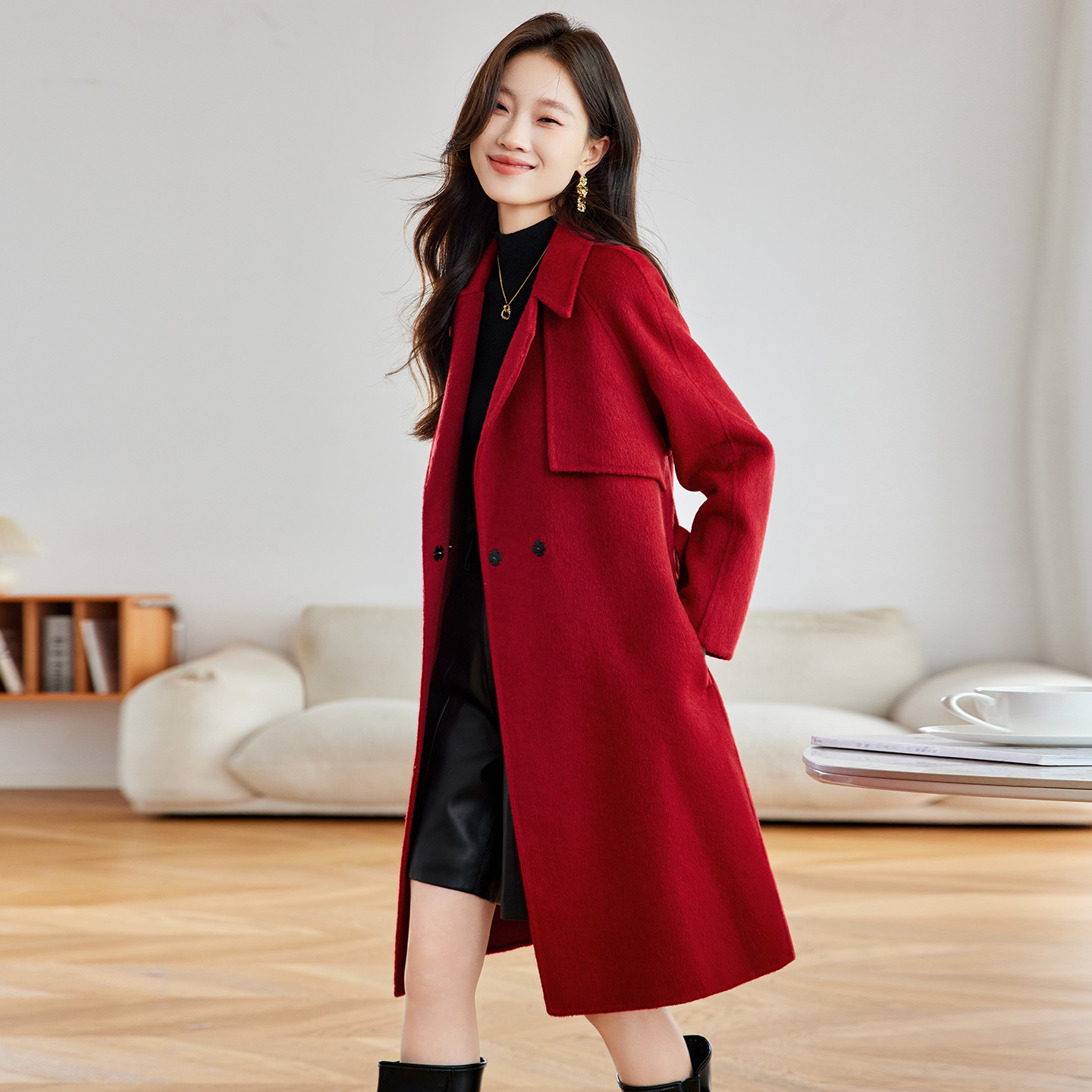 品牌苏昔然彩女装2025新款大码女装气质系带双面羊毛呢大衣