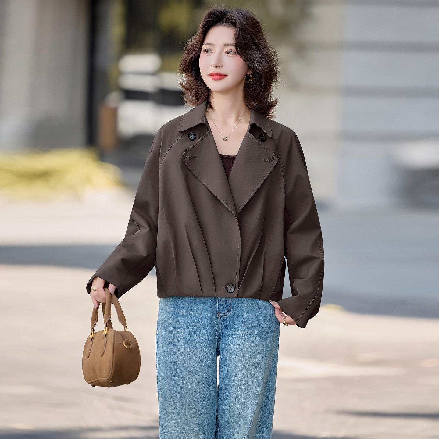 品牌苏昔然彩女装2025新款大码女装小个子双排扣翻领时尚休闲外套