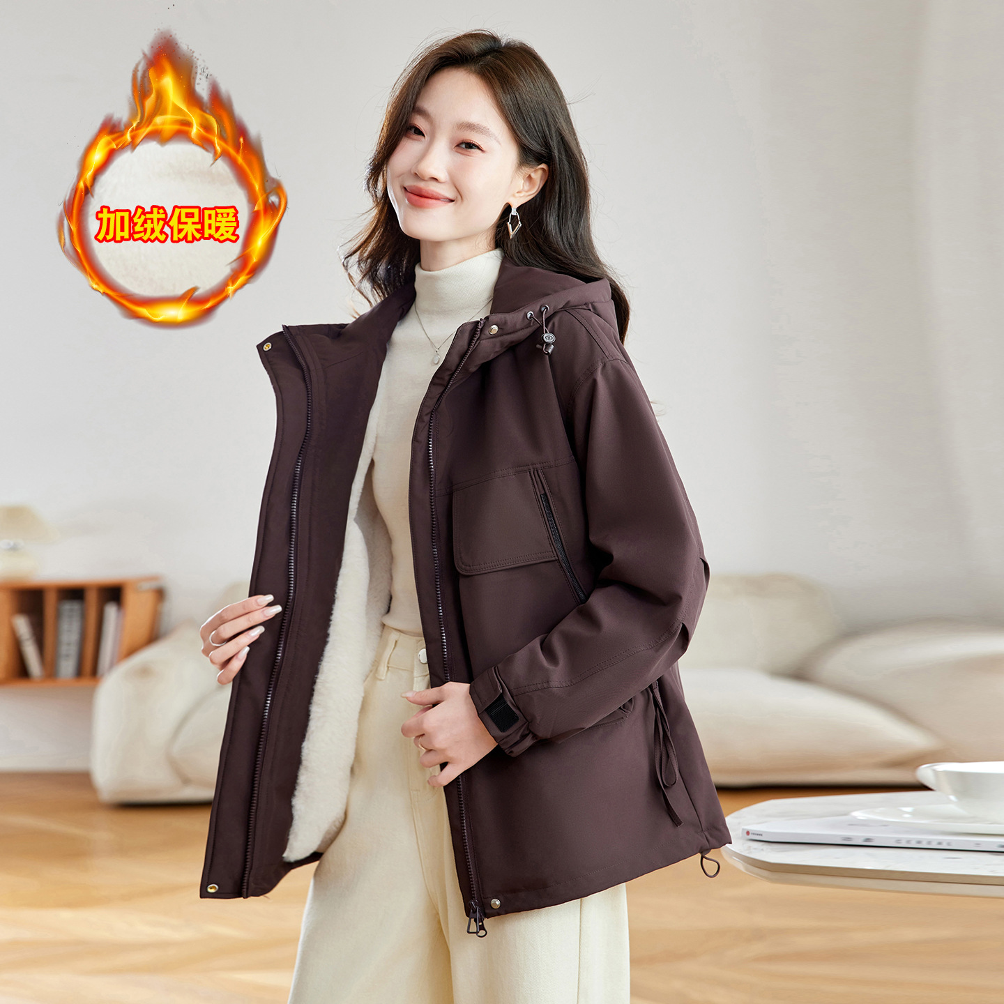 她之蝶京东官方素言官网女装宽松减龄气质中长款抽绳加绒加厚外套