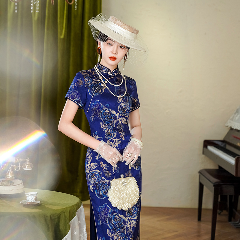 传统妈妈旗袍真丝绒连衣裙夏季