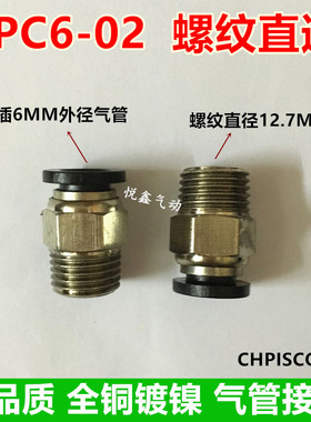 高品质CHPISCO  PC6-02 螺纹直通 气管接头 插6MM外径气管 2分牙