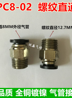 高质量 CHPISCO 螺纹直通 PC8-02 插8MM外径气管 2分牙