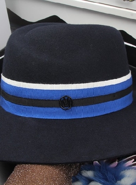 欧美新款蓝色英伦宽檐新品m字母标帽子秋冬女士羊毛呢爵士帽礼帽