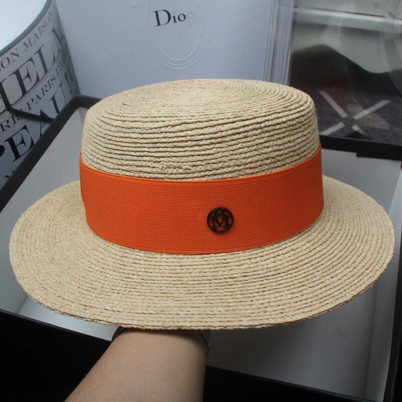 桔色新款进口编织宽檐沙滩草帽子