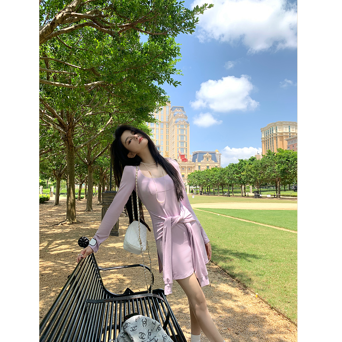 长袖连衣裙纯色气质通勤绑带