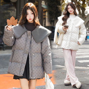 90鸭绒加大码毛绒娃娃领字母波点羽绒服中长款胖MM200斤减龄外套