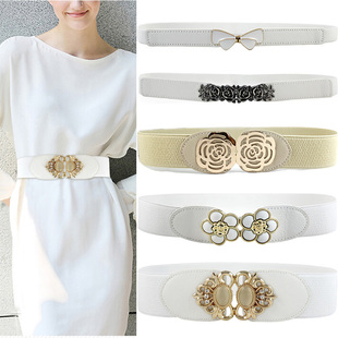 新款束腰带女细简约百搭配裙子蝴蝶结装饰米色白色松紧腰封绳塑身