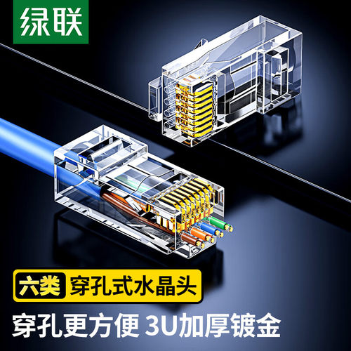 绿联穿孔式水晶头通孔超五5类六6类千兆网线rj45网络监控对接头