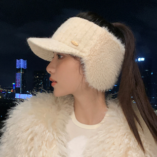空顶帽子女秋冬季加厚保暖防寒护耳毛线帽冬天可扎马尾鸭舌针织帽