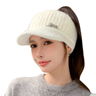 帽子女秋冬季时尚洋气针织鸭舌帽加绒保暖毛线帽可扎高马尾空顶帽