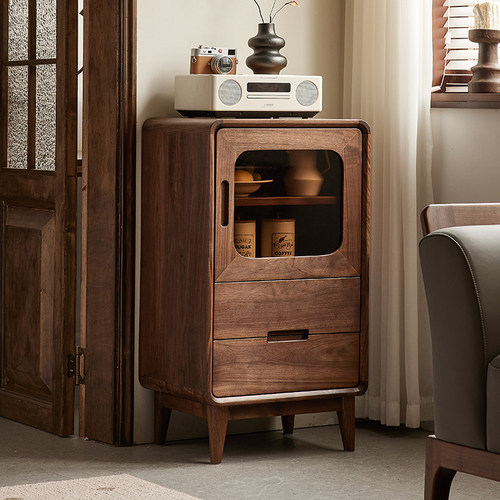 yamoo北美黑胡桃木小酒柜北欧简约实木边柜家用单门玻璃展示立柜