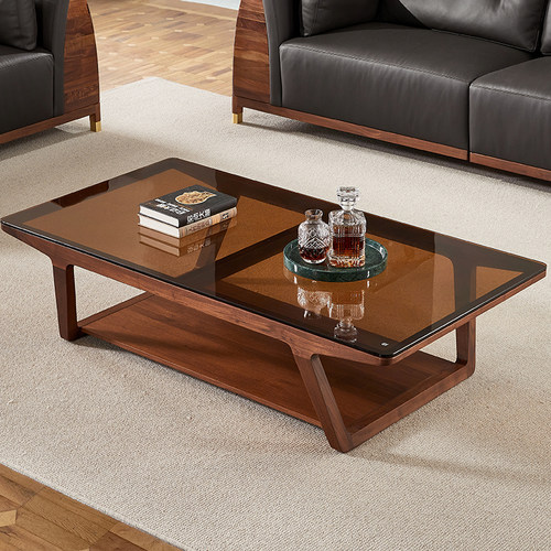 yamoo黑胡桃木意式钢化玻璃茶几