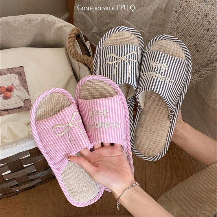 甜美蝴蝶结舒适居家女士室内日系百搭地板鞋四季通用吸汗棉麻拖鞋,居家布艺,居家亚麻拖鞋,淘宝优惠券,粉丝福利购,淘宝优惠卷