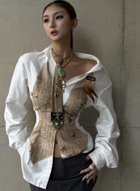 趣味办公室风mss studio原创条纹印花垫肩收腰显瘦百搭舒适衬衫