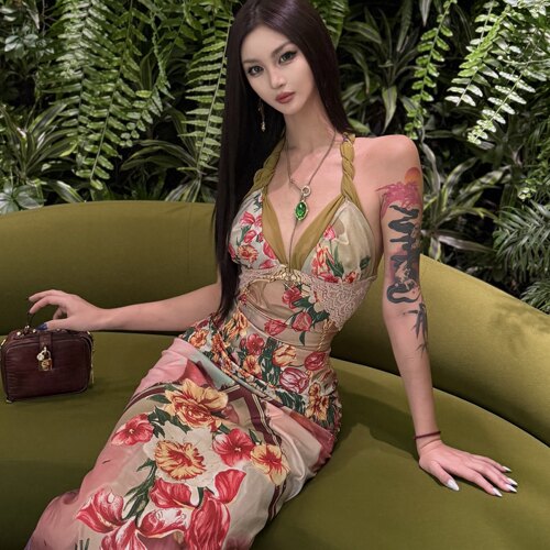 法式度假花卉印花蕾丝吊带连衣裙