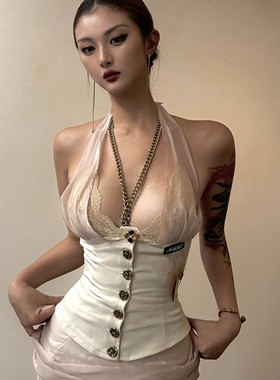 温柔老钱风mss studio原创设计双层显瘦性感挂脖欧根纱上衣