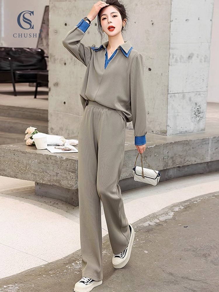 洋气运动休闲套装女装春秋款2025年新款拼接上衣阔腿裤时尚两件套