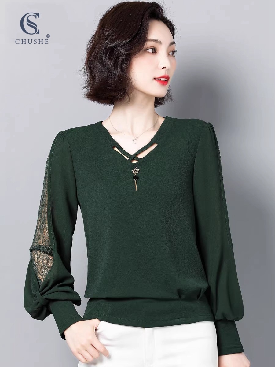 2025新款v领长袖t恤女春季妈妈内搭上衣收腰宽松韩版洋气打底小衫