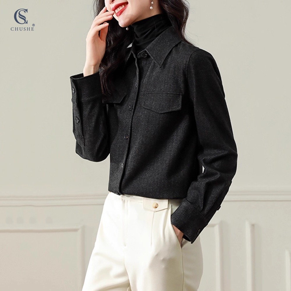 黑色磨毛衬衫女春冬款高级感长袖复古气质衬衣修身直筒叠穿打底衫