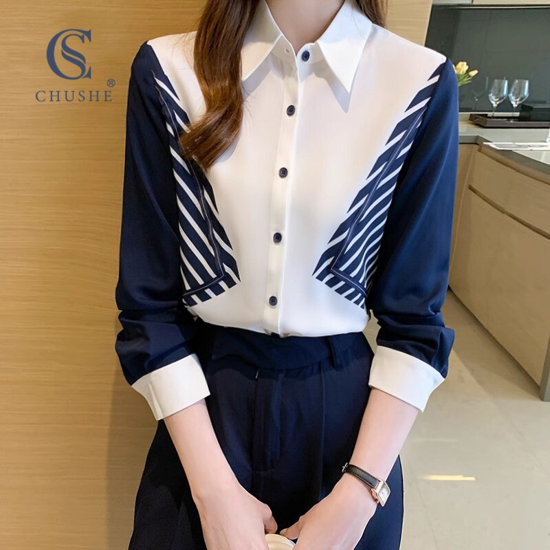 2025春秋季职业衬衫 女装POLO领长袖衬衣 通勤风条纹上衣 拼接设