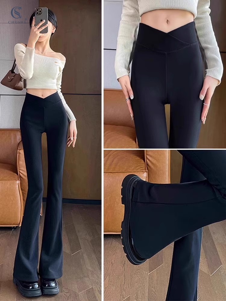 黑色微喇鲨鱼裤高腰女马蹄裤小个子修身显瘦弹力打底裤喇叭裤