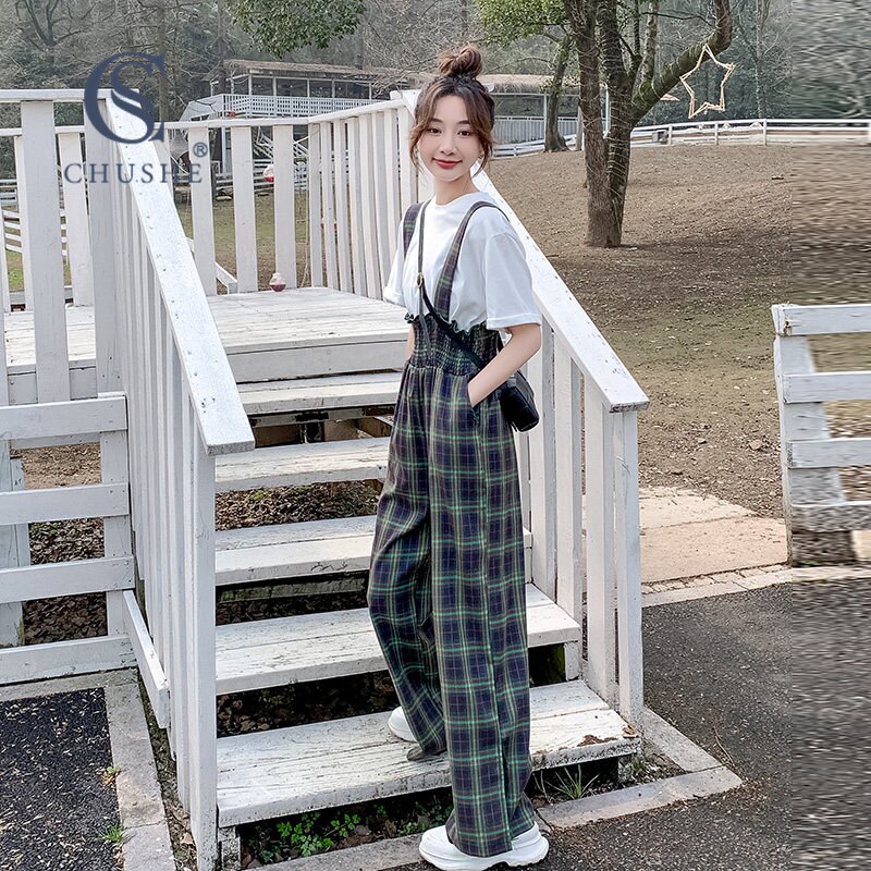 格子背带裤女2026夏季薄款韩版宽松显瘦高腰设计感时尚休闲阔腿裤